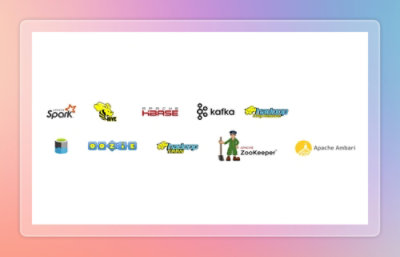 Logos of big data tools including Spark, Hive, HBase, Kafka, Hadoop, Oozie, YARN, ZooKeeper, and Ambari.