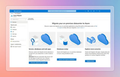 Microsoft Azure portal showing the Azure Migrate overview with options for servers, databases, and migration scenarios.