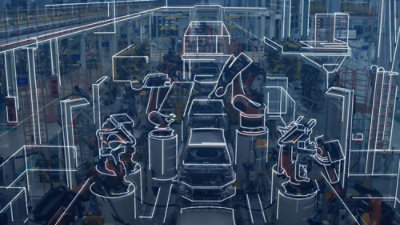  Stylized blueprint illustration of traffic with cars and scooters on a city street.