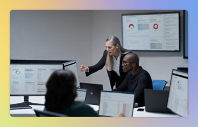 A woman pointing at a computer screen.