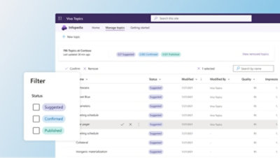 Korisnik filtrira između predloženih, potvrđenih i objavljenih tema u usluzi Viva Topics