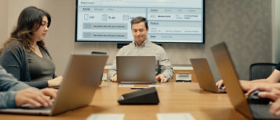 Team meeting around a conference table using laptops, with a CRM dashboard displayed on a wall-mounted screen.