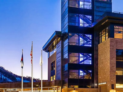 Hospital building exterior at dusk