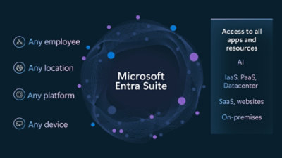 A diagram displaying text about software access, platforms, and resources with Microsoft and Entra Suite mentioned.