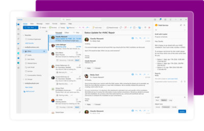 Email client interface showing inbox folders, a list of emails with sender and subject details, and a preview pane displaying full message content.