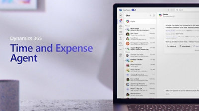  Promotional display for Dynamics 365 Time and Expense Agent showing a Microsoft Teams chat interface on a laptop screen, where Copilot summarizes weekly time entries and offers options to submit or view details.