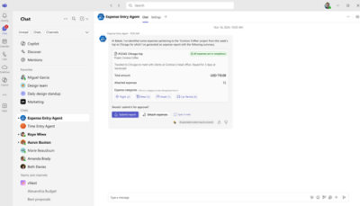 Chat interface with Expense Entry Agent showing a trip expense report from Toronto to Chicago with options to approve, reject, or request more info.