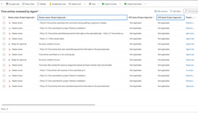 Table titled 'Time entries reviewed by Agent' showing review statuses, reasons, NTE statuses, and project names for 13 time entries.