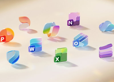 Colorful, glossy 3D icons of office applications with letters P, W, X, N, and O on a light background.