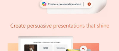 A screenshot showing text that reads Create a presentation about and Create persuasive presentations that shine.