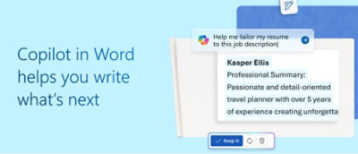 A screenshot of a document editing interface with text showing a resume draft and writing assistance prompts.
