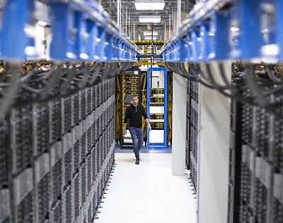 Person walking down an aisle between server racks in a data center.