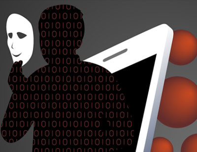 A person silhouette made of code holding a mask and stepping out of a phone. They are followed by red bubbles representing threat actors.