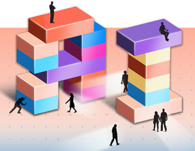 A group of people standing on blocks