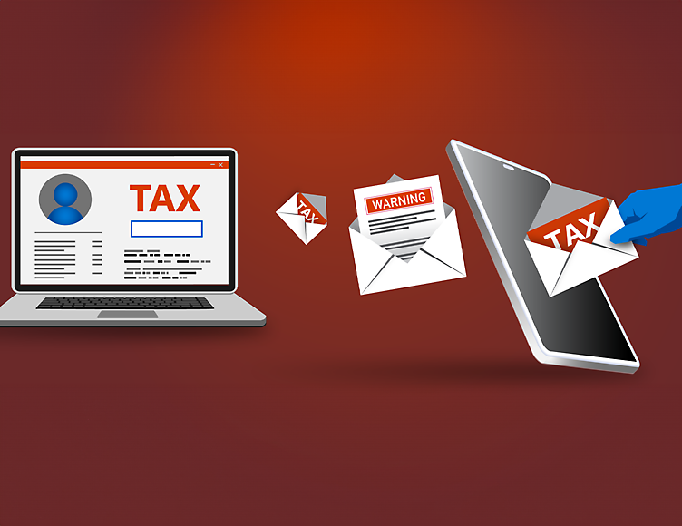 Graphic illustration showing a laptop with tax documents on screen, paper documents flying into a folder marked 'tax' 
