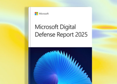A book with the title Microsoft Digital Defense Report 2025 displayed against a yellow and white background.