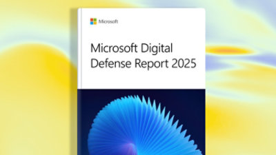 A book cover displaying the text Microsoft Digital Defense Report 2025 with a blue spiral-shaped object against a neutral background.