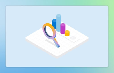 An illustration of a magnifying glass hovering over a spreadsheet-like document featuring colorful bar charts.