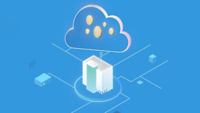 A blue and white graphic with a cloud, coins, and a building.
