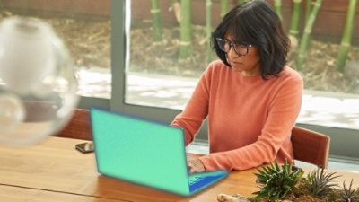 Person working on a laptop at a wooden table beside a window with plants.