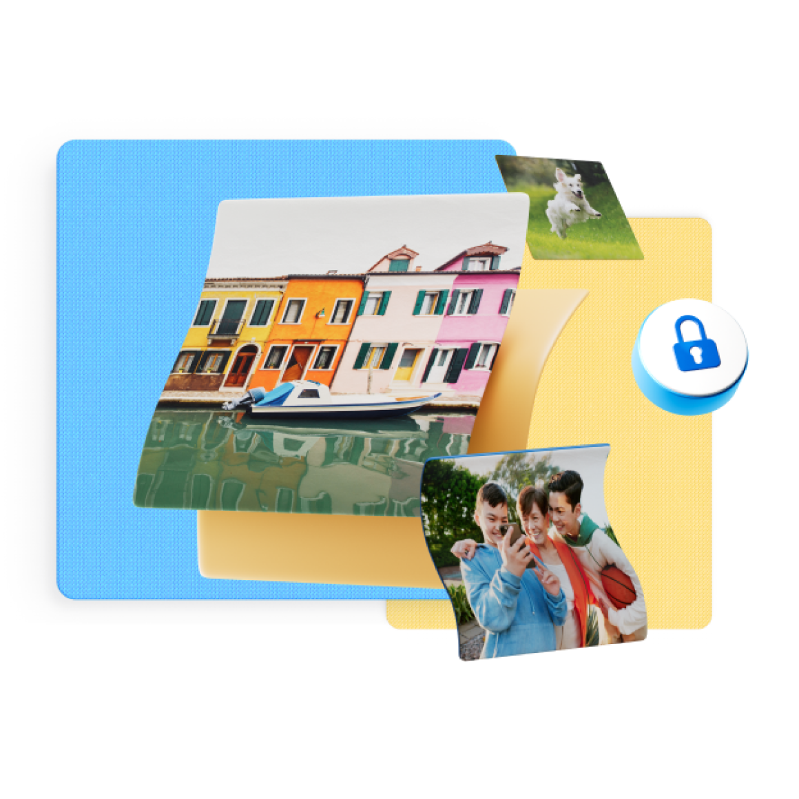 Pictures, photos and files floating inside a box with a lock on it
