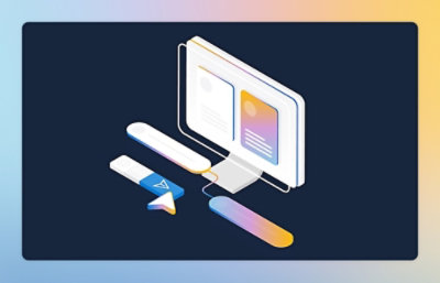 一張 3D 電腦螢幕的插圖螢幕擷取畫面，畫面中顯示兩個網頁與 Visual Studio Code 編輯器，內容為一個按鈕元件的 TypeScript 程式碼