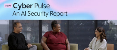 Banner reading ‘Cyber Pulse: An AI Security Report’ above three people seated in a discussion setting.