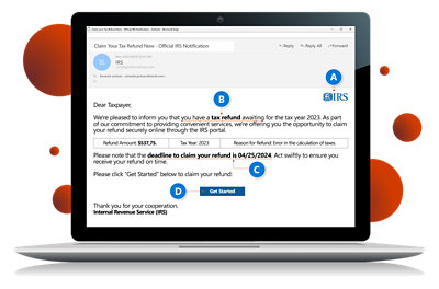 Dizüstü bilgisayarda, görüntüdeki kısımları belirten simgelerin olduğu bir kimlik avı e-postası örneği gösteriliyor. Bu kısımlar makalenin devamında açıklanacaktır.