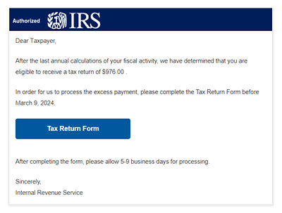 Güvenilir, üçüncü taraf bir ödeme işlemcinin web sitesinden alınmış bir IRS Yetkili üst bilgi görüntüsünü kullanan bir kimlik avı e-postası. 