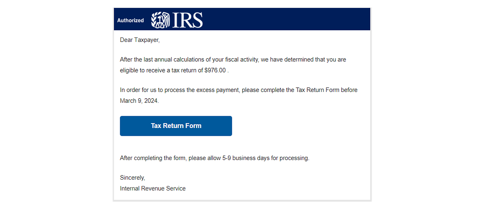 A phishing email with an Authorized IRS header image taken from an authentic third-party payment processor website. 