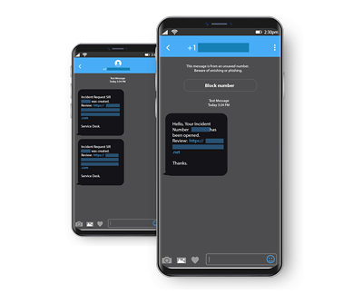 Image montrant deux téléphones avec des messages montrant une tentative de hameçonnage par SMS de Storm-0539 se faisant passer pour le service d'assistance de l'entreprise d'un employé ciblé.