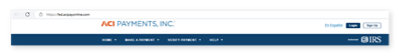 ACI Payments, Inc’nin kendi web sitesinden alınmış, IRS Yetkili üst bilgi görüntüsünün kullanıldığı bir web sitenin ekran görüntüsü 