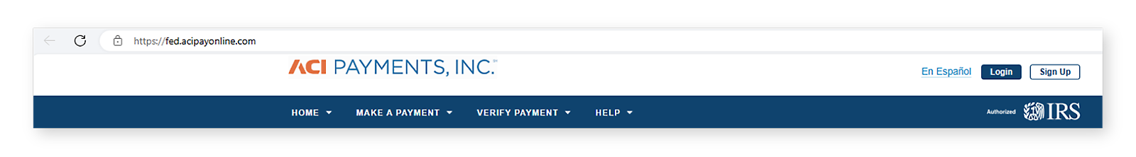 A screen shot of a web page using an Authorized IRS header image taken from an actual website for ACI Payments, Inc 