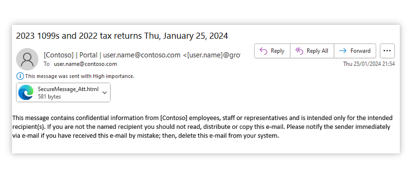 A tax season phishing email observed by Microsoft Threat Intelligence in January 2024. 