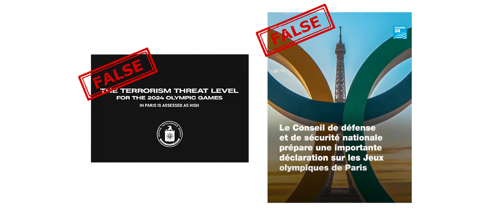 Image on the left showing a faked video press release warning the public of possible terror attacks at the 2024 Paris Summer Olympics. The image on the right shows a fabricated France 24 news clip claiming that nearly a quarter of Paris 2024 tickets have been returned due to concerns over terrorism. 