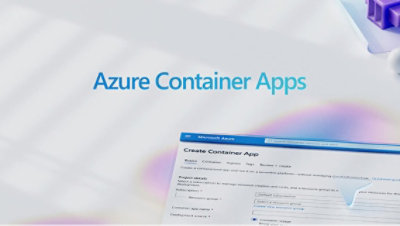 Uma tela de computador exibindo uma interface azul e branca com texto, incluindo Aplicativos de Contêiner do Azure e Criar Aplicativos Cantalar.