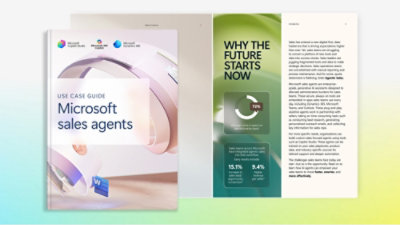 Cover and pages of a Microsoft guide titled "Use Case Guide: Microsoft Sales Agents." Includes sales statistics, emphasizing a futuristic theme.