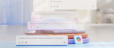 A stack of books with floating text bubbles displaying various queries, including project presentations, email organization.