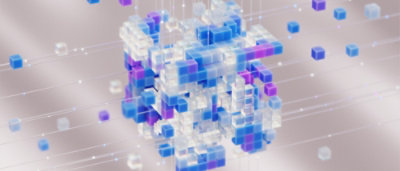 A cluster of semi-transparent and opaque cubes, primarily in shades of blue and purple, interconnected by thin lines.
