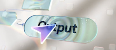 A semi-transparent digital button with the word "Output" is shown, featuring a purple and white arrow pointing to the word.