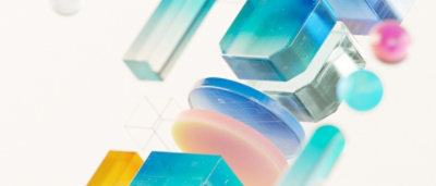 A cube, primarily in shades of blue and purple.