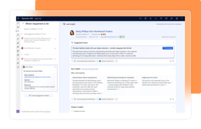 Microsoft Dynamics 365 Sales Hub showing lead insights with suggested actions, key insights, and engagement history.