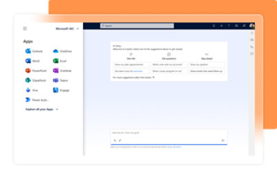 Microsoft 365 interface with Copilot panel showing app icons on the left and suggestion buttons like “Show my sales appointments” and “Show my pipeline.”