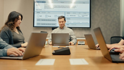 A man sitting at a table looking the monitor.