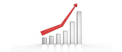 תרשים עמודות תלת-ממדי עם שש עמודות כסופות בגובה עולה וחץ אדום כלפי מעלה שמראה צמיחה.