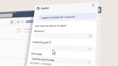Copilot scheduling panel with fields for headline, resources, scheduling goal, and time range set to “Until the end of today.”