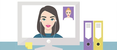 Illustrazione di una videochiamata tra due persone sullo schermo di un computer, una in una finestra più grande, l'altra in una finestra più piccola. 