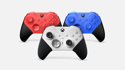 The Xbox Elite Wireless Controller Series 2 - Core in three colors: white, blue, and red.