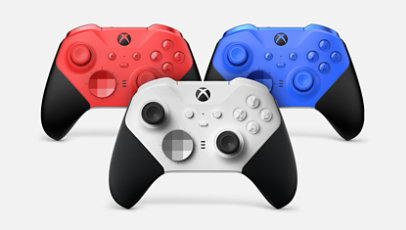 The Xbox Elite Wireless Controller Series 2 - Core in three colors: white, blue, and red.