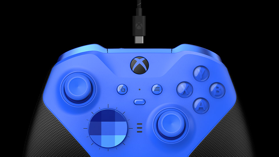 Top-front view of the Xbox Elite Wireless Controller Series 2 – Core (Blue) showing the rechargeable battery via USB-C.